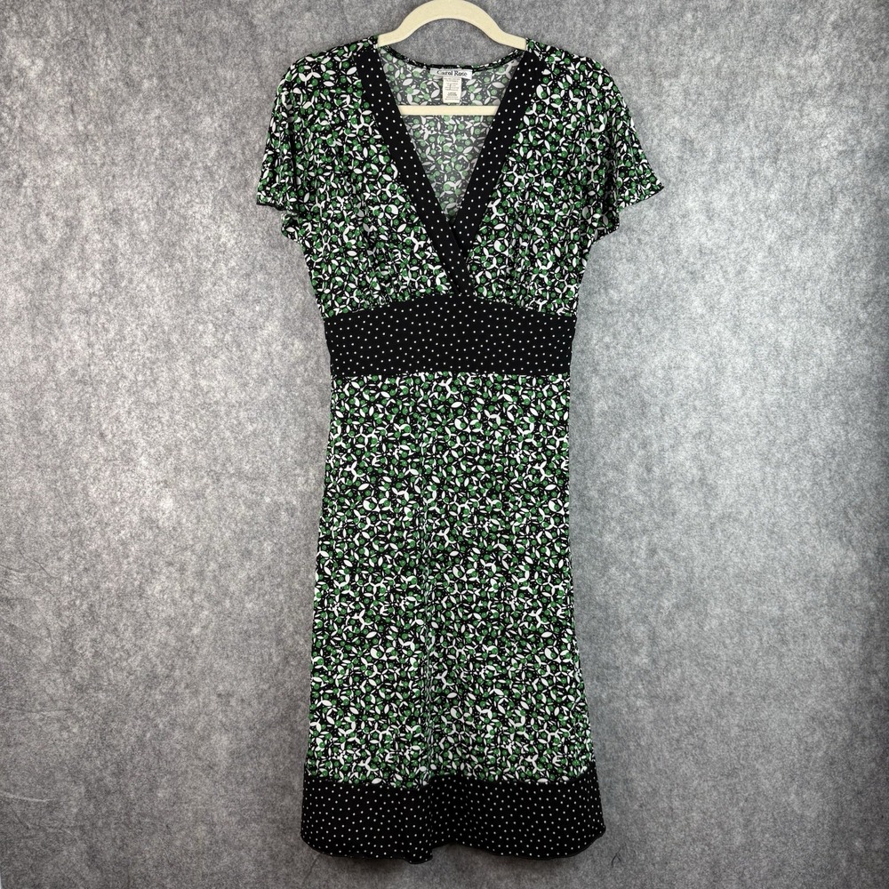 Vtg Carol Rose Green Black Floral Polka Dot Midi Dress Large‎ Y2K Forest Fairy